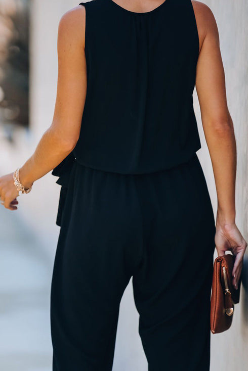 Deep V-Neck Sleeveless Solid Jumpsuit